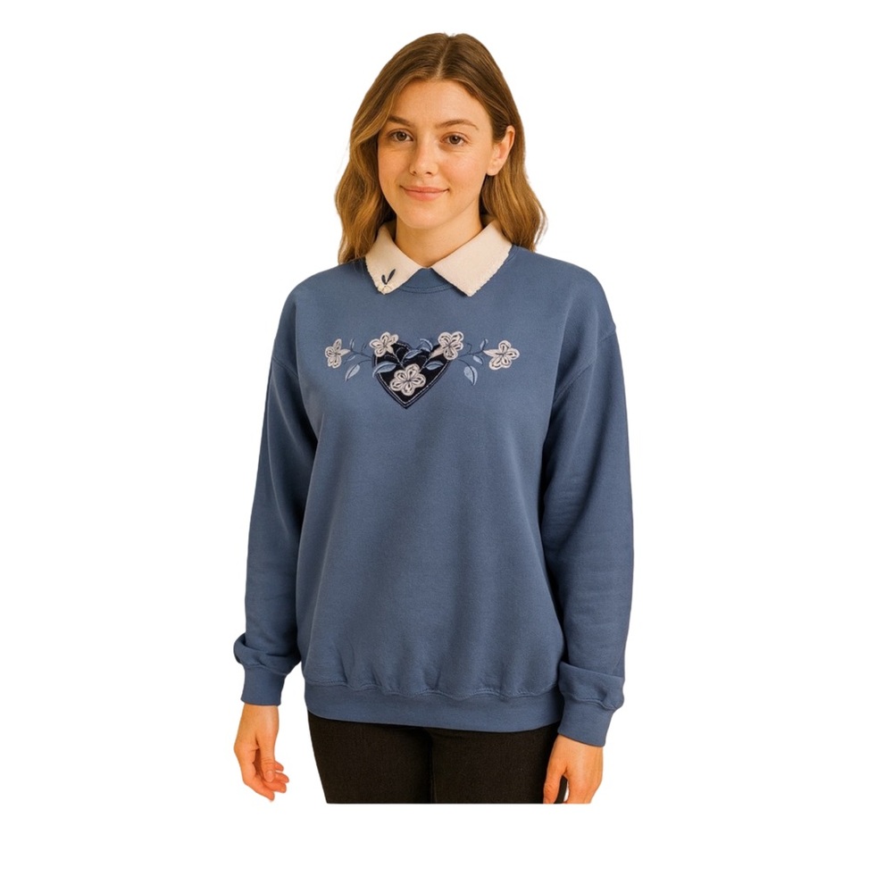 Country Store Blue Appliqué Floral Collared Pullover Sweatshirt NWOT Size XL - Picture 6 of 6
